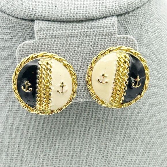 Vintage Nautical Anchor Stud Earrings Round Gold Tone Rope Border Enamel Anchor - Picture 1 of 5